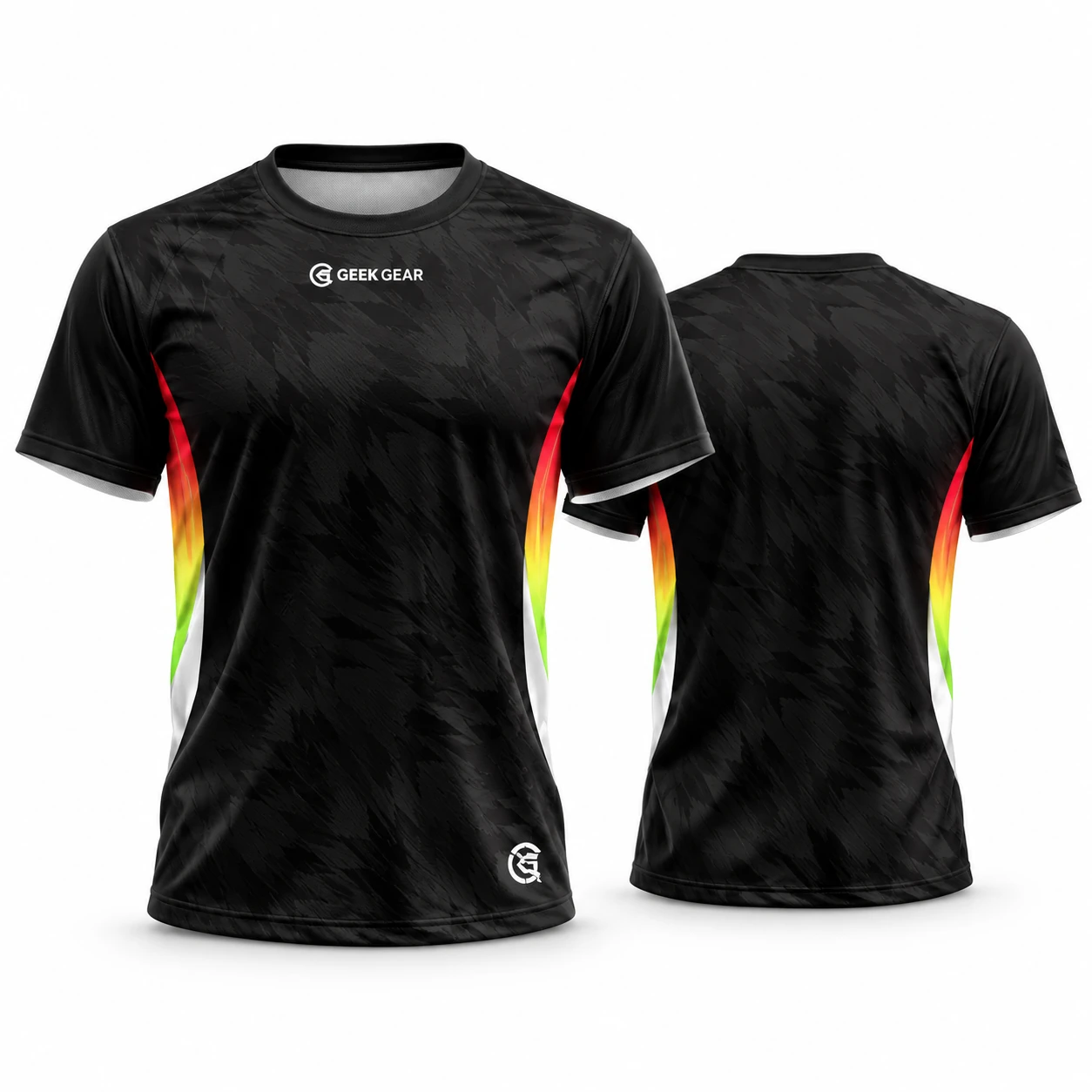 Illustrative Geek Gear black Hyperdrift jersey mockup, front and back